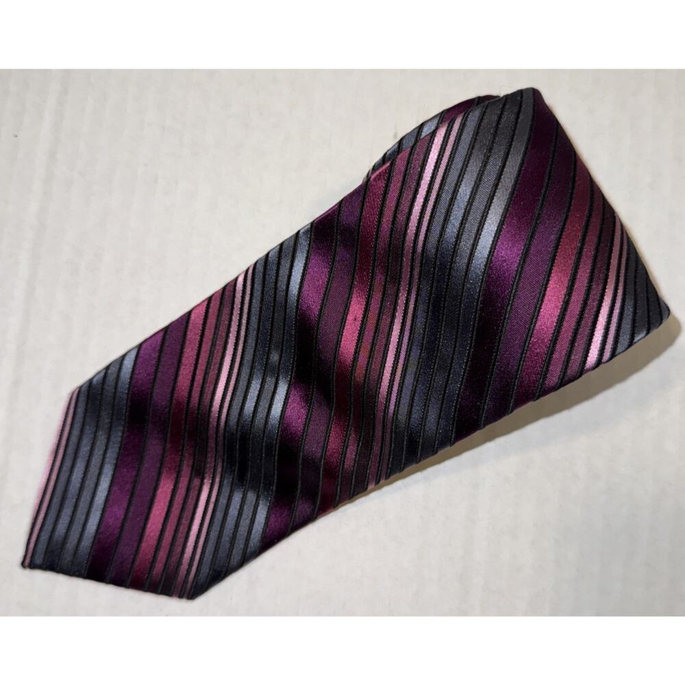 Calvin Klein Silk Blend Necktie Pink Purple Gray Striped Regimental Tie 60x3.5”